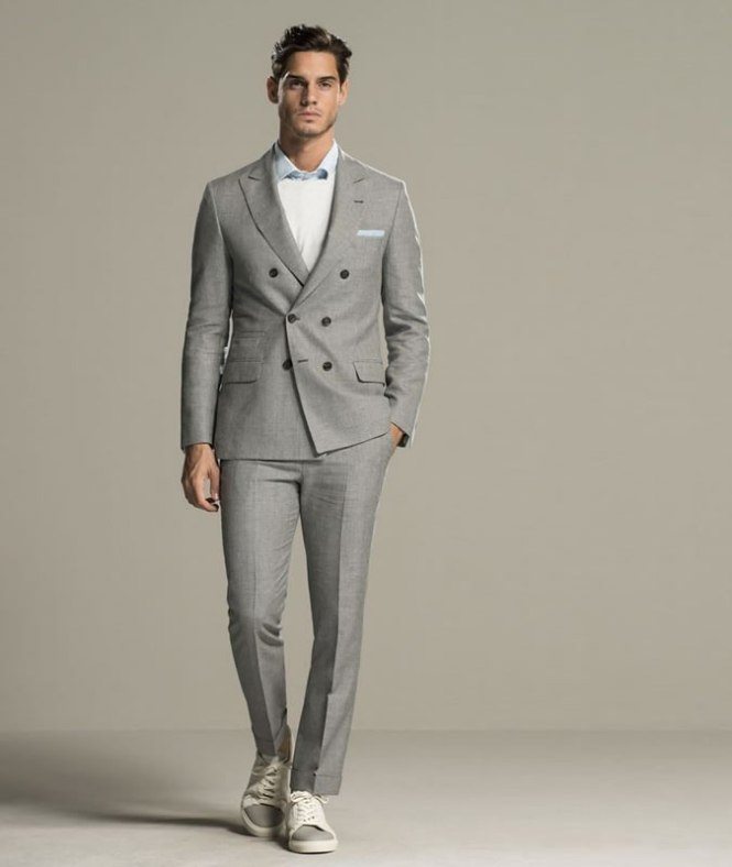 grey suit white trainers