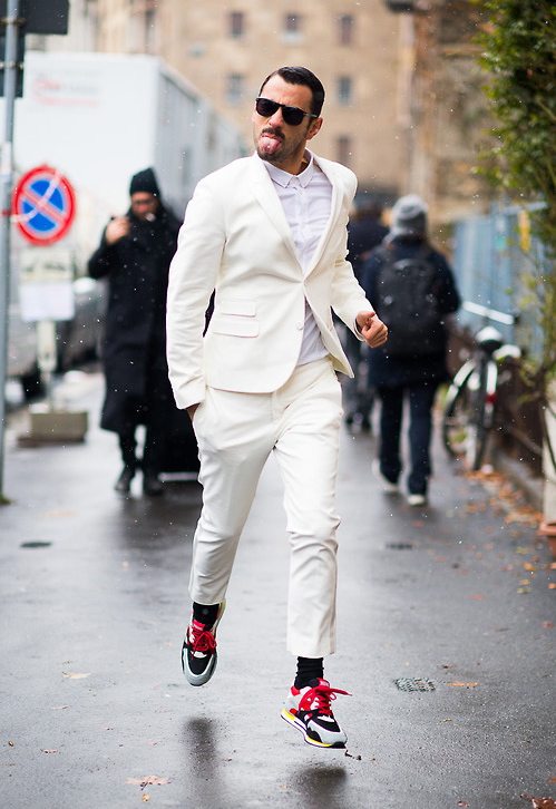 casual suit with sneakers