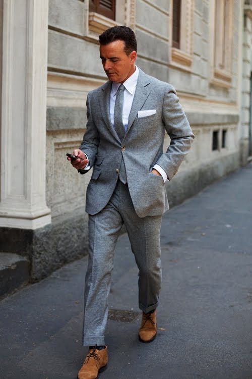 gray suit gray shoes