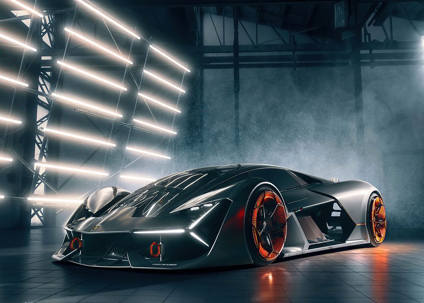 Lamborghini sports car with glowing orange accents.