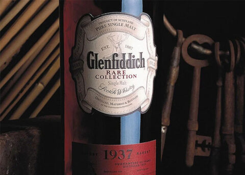 Close-up of 1937 Glenfiddich whisky, antique theme.