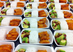 Rows of trays with gourmet meals, unlike airlines.