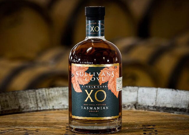 Sullivans Cove XO brandy on wooden barrel.