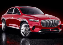 Red Mercedes Maybach SUV with large wheels.
