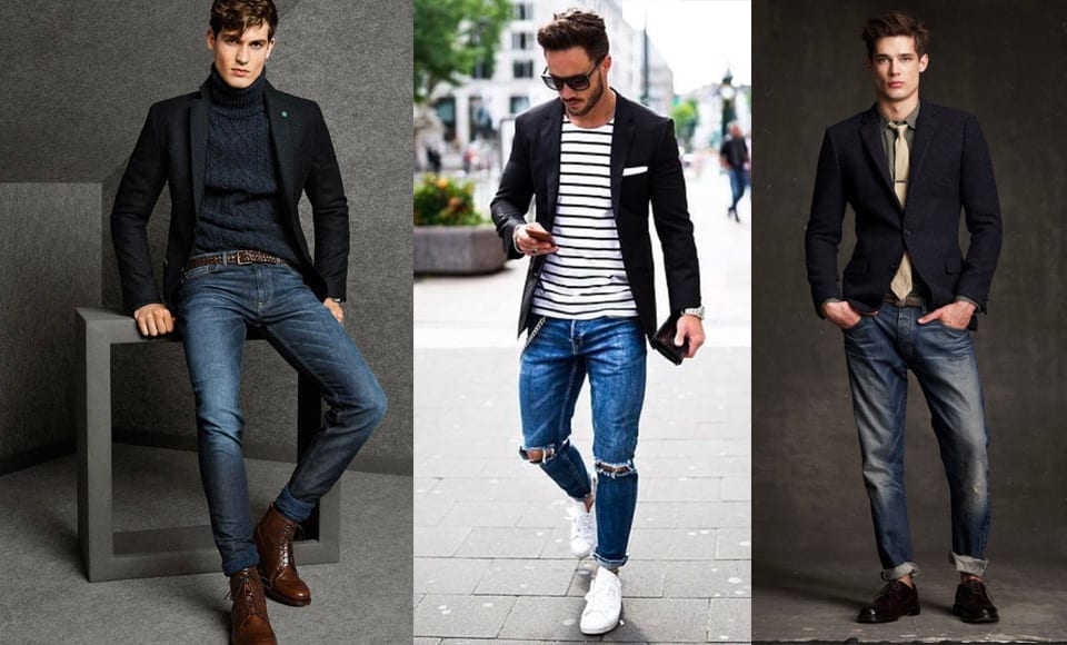 shoes on blazer and jeans