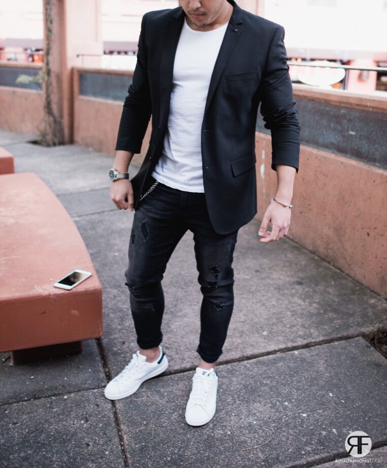 Casual men outfit black blazer with brown pants  Mens outfits Black jacket  outfit Mens shorts outfits