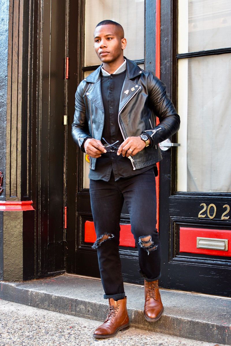 black ripped jeans mens outfit