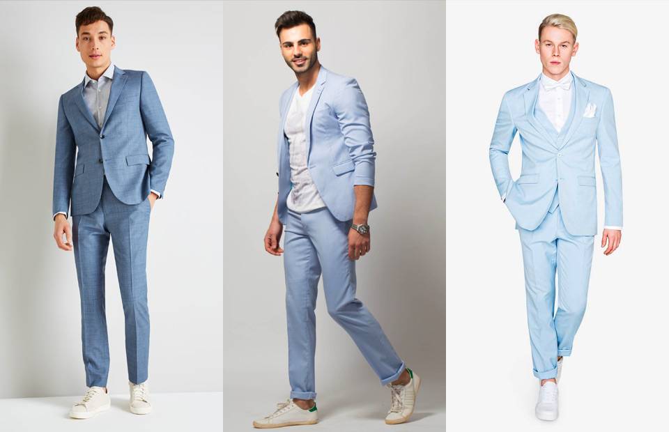 white sneakers blue suit