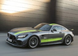 Gray Mercedes-AMG GT R PRO races swiftly.