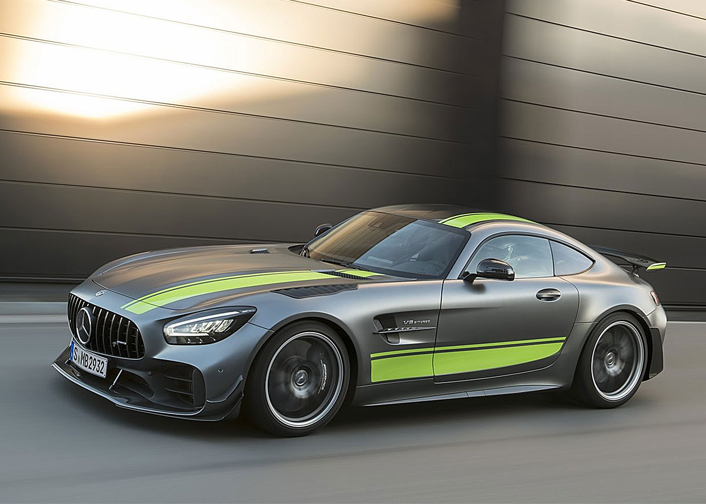 Gray Mercedes-AMG GT R PRO races swiftly.