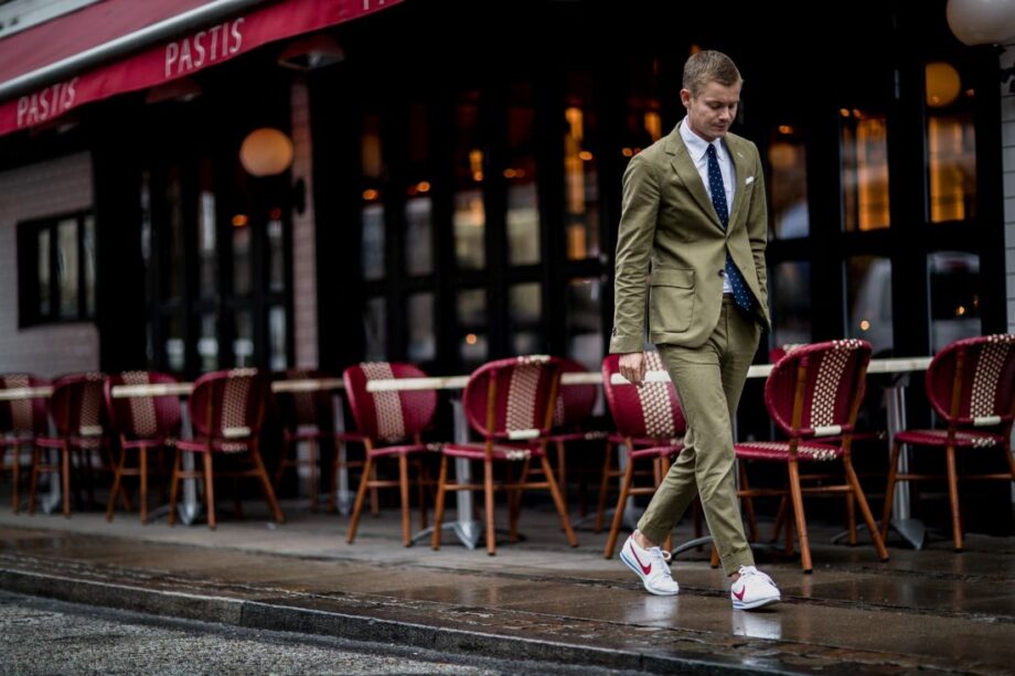 best white sneakers with suit