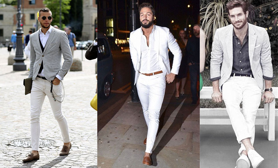 white blazer grey pants