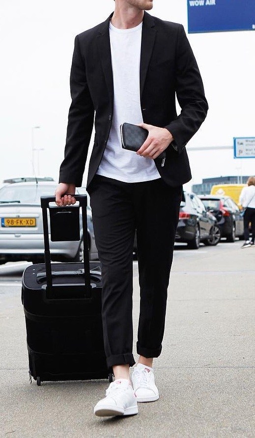 black suit and white shoes