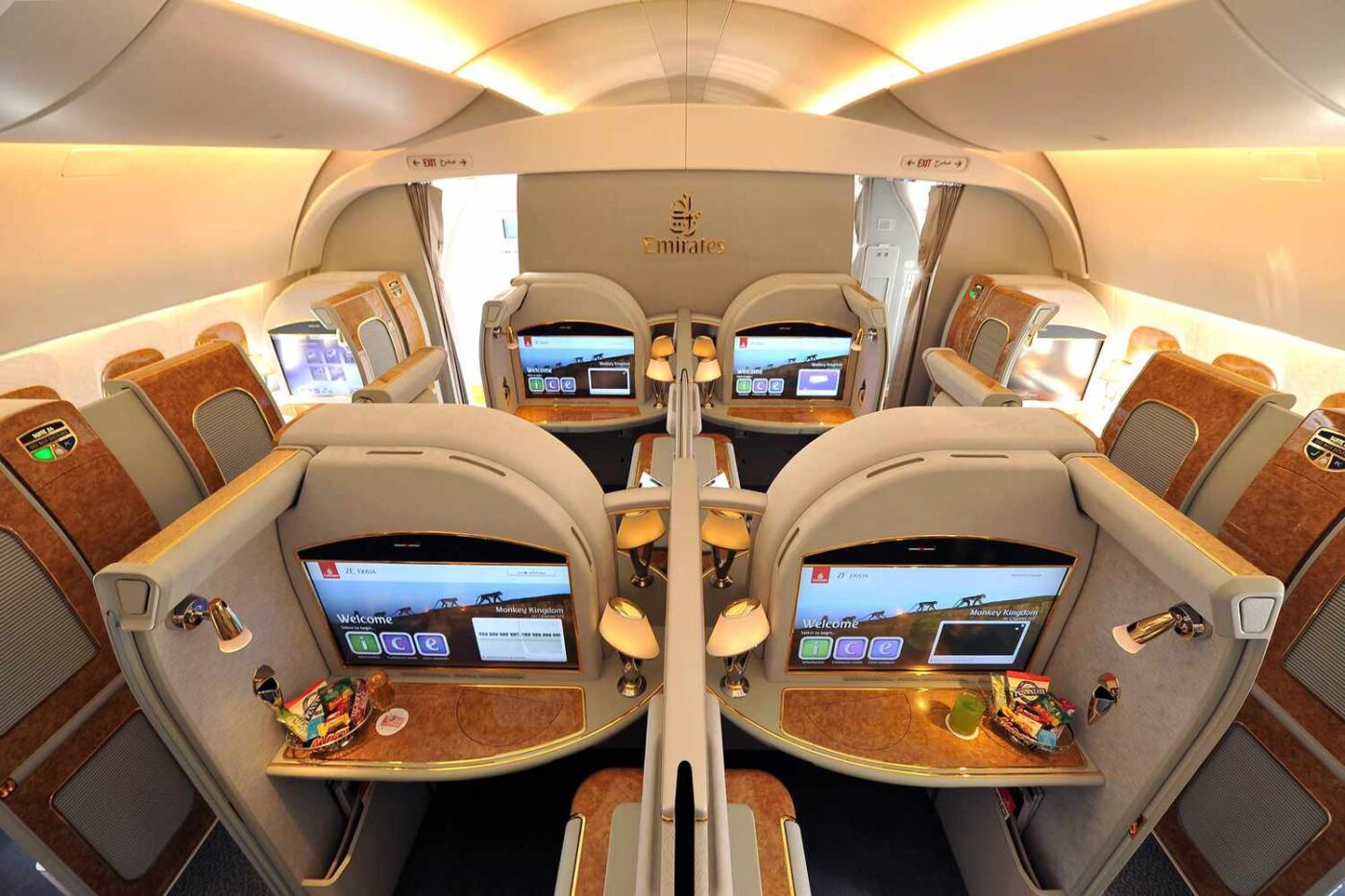 Emirates first-class cabin boasts luxury seating.