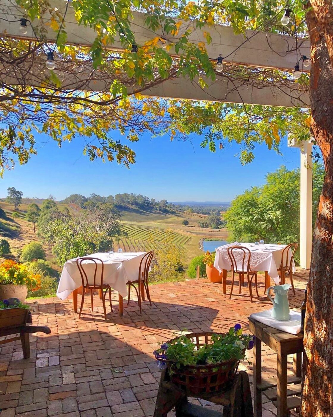 Outdoor terrace recalls 2022 Australian vineyard views.