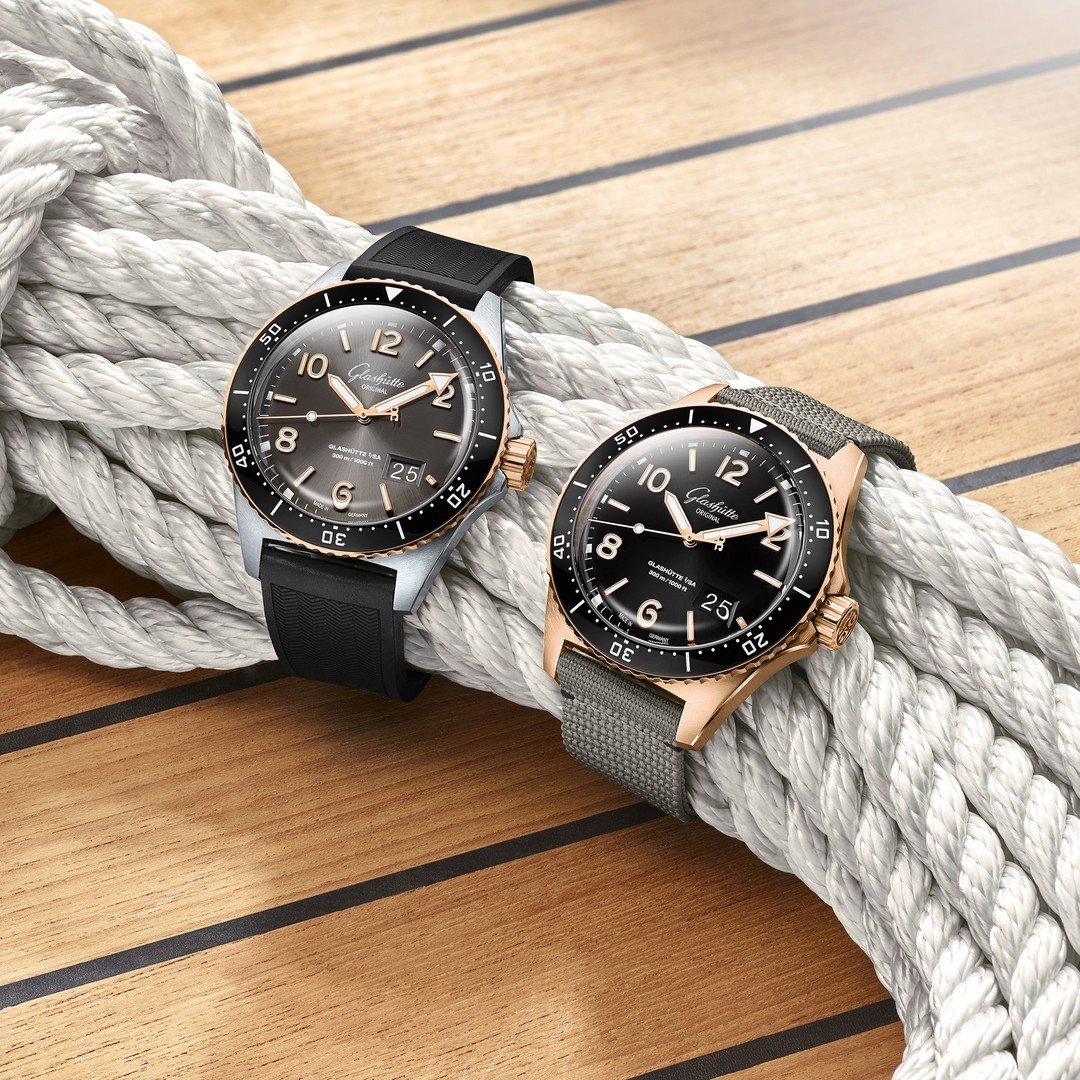 Two Glashütte Original watches on ship deck.