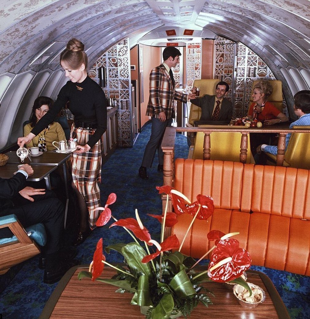 Vintage airplane with 1970s-style lounge ambiance.