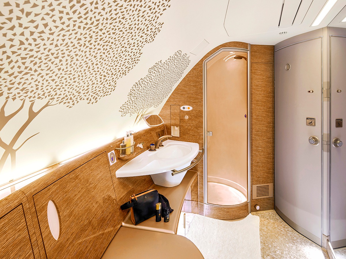 Emirates A380 bathroom: luxury design and amenities.