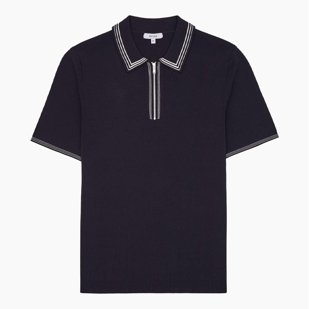 Men's black polo shirt style.