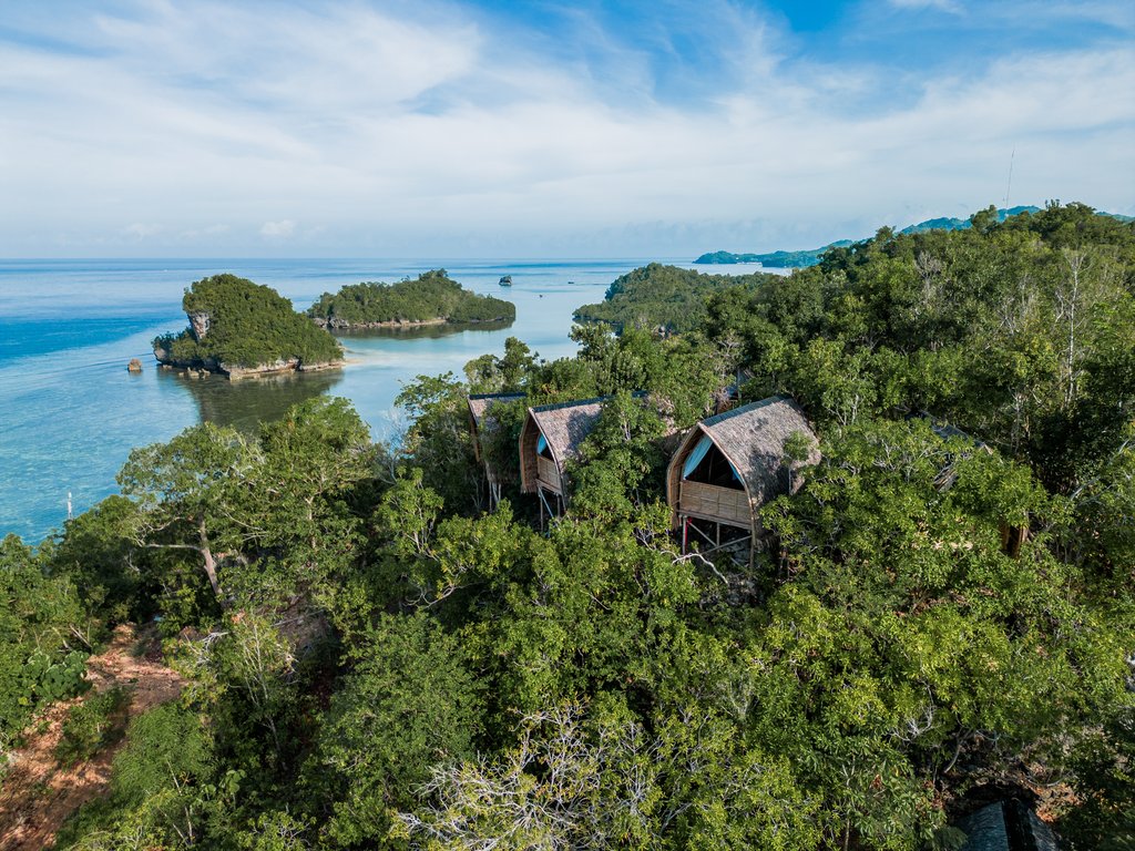 Huts like Small Luxury Hotels amid lush forest.