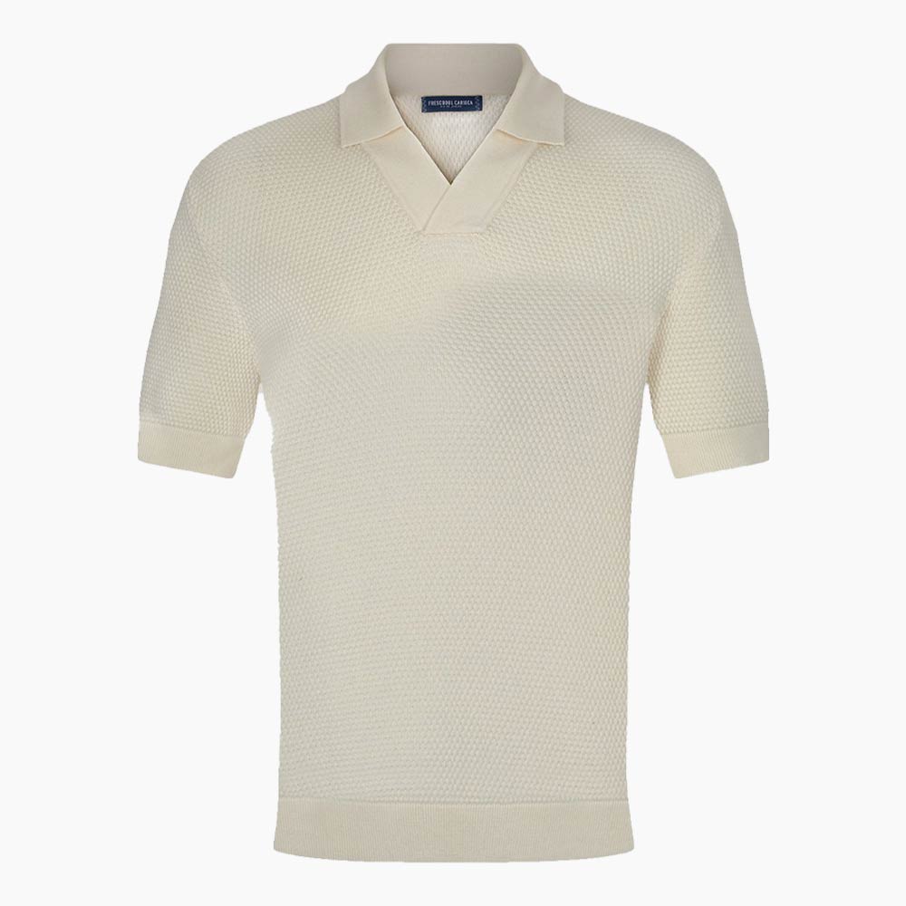 Men's beige knit polo shirt with texture.