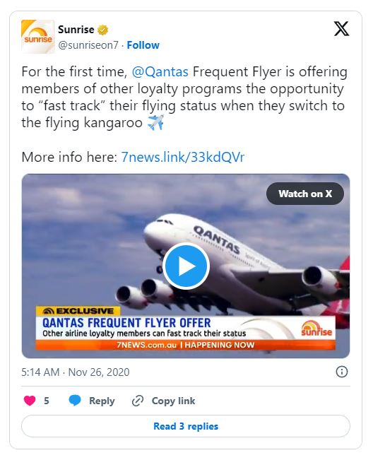 Sunrise tweet highlights Qantas Frequent Flyer offer.