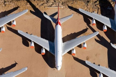 Qantas jets parked in Victorville, aerial view.