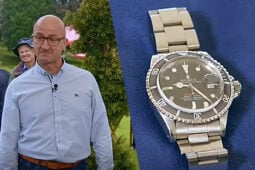 Man wearing blue shirt; Rolex Submariner watch close-up.