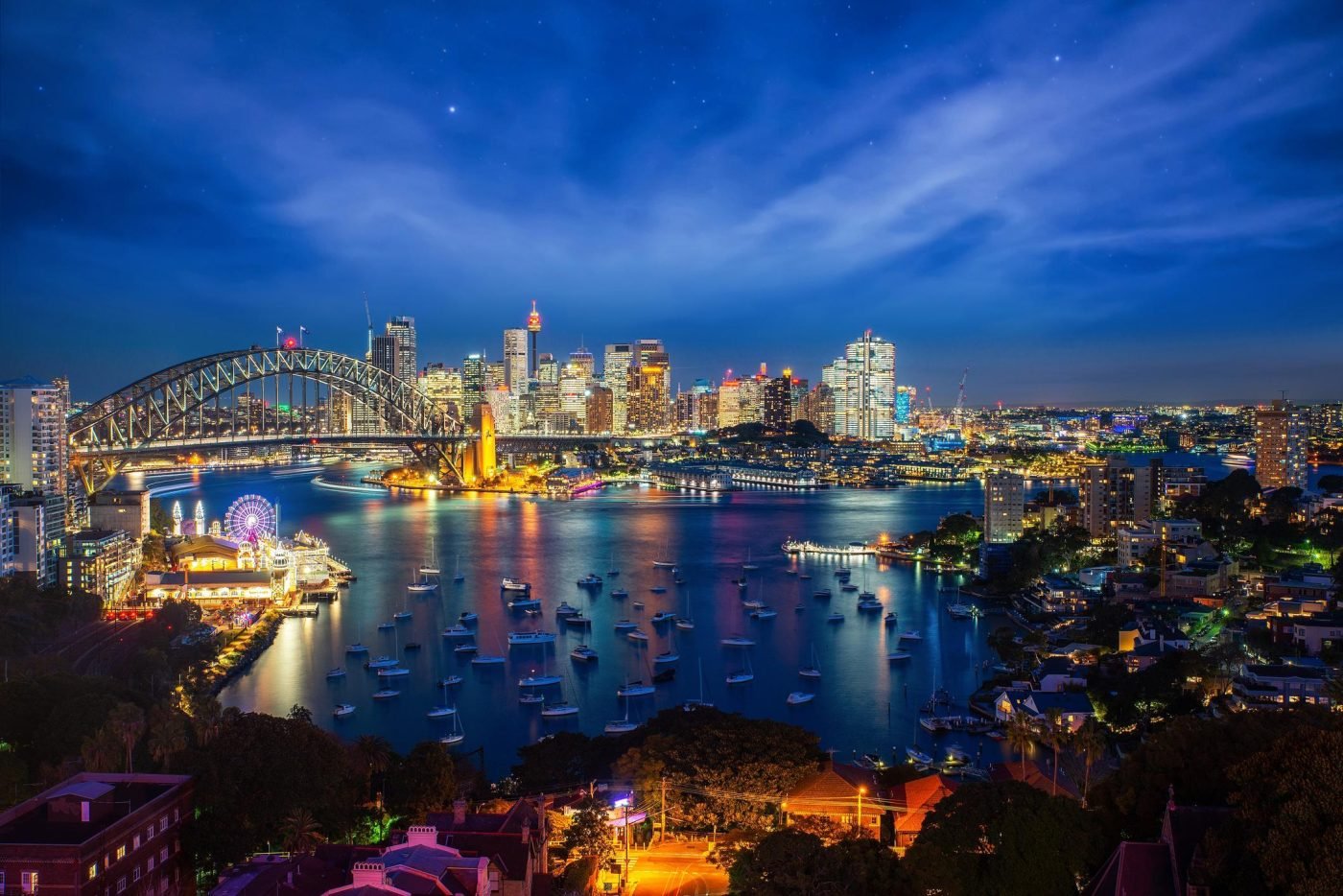 Sydney Harbour Bridge and Opera House illuminate nightlife.