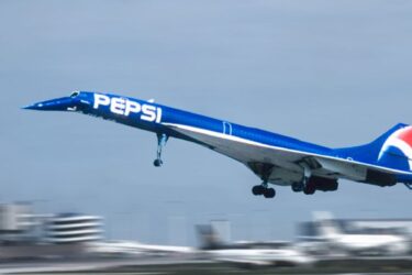 A blue Pepsi Concorde takes off.