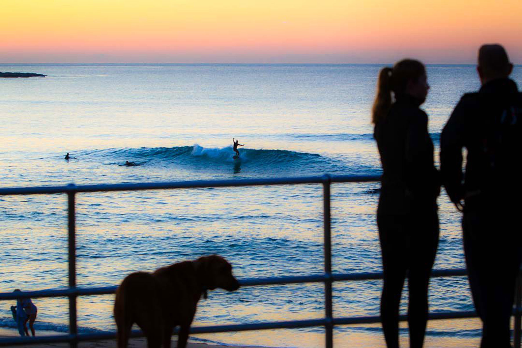 Silhouetted figures watch sunset at Bondi Beach.