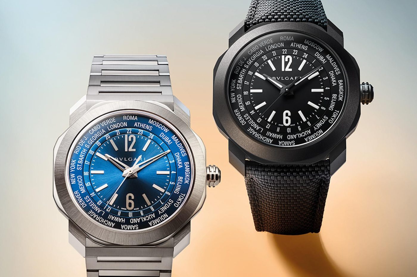 Bulgari watches with silver and black straps displayed.