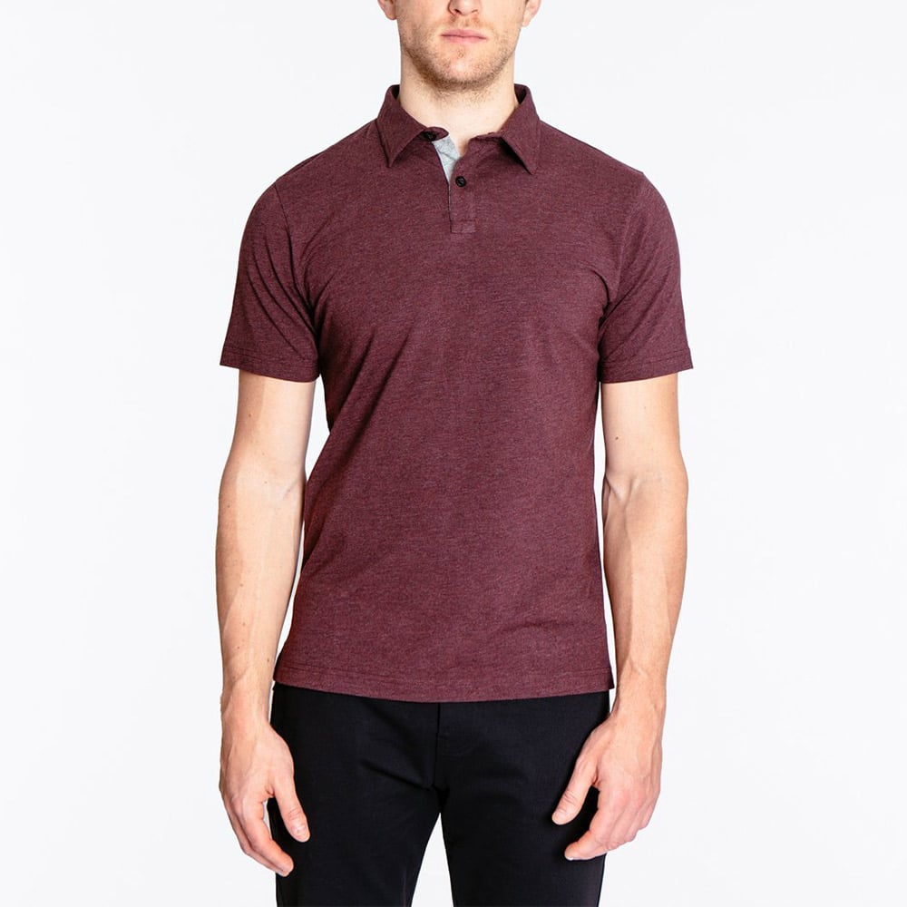 Man models in maroon polo and dark pants.