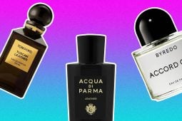 Top men's leather colognes: Tom Ford, Acqua di Parma, Byredo.