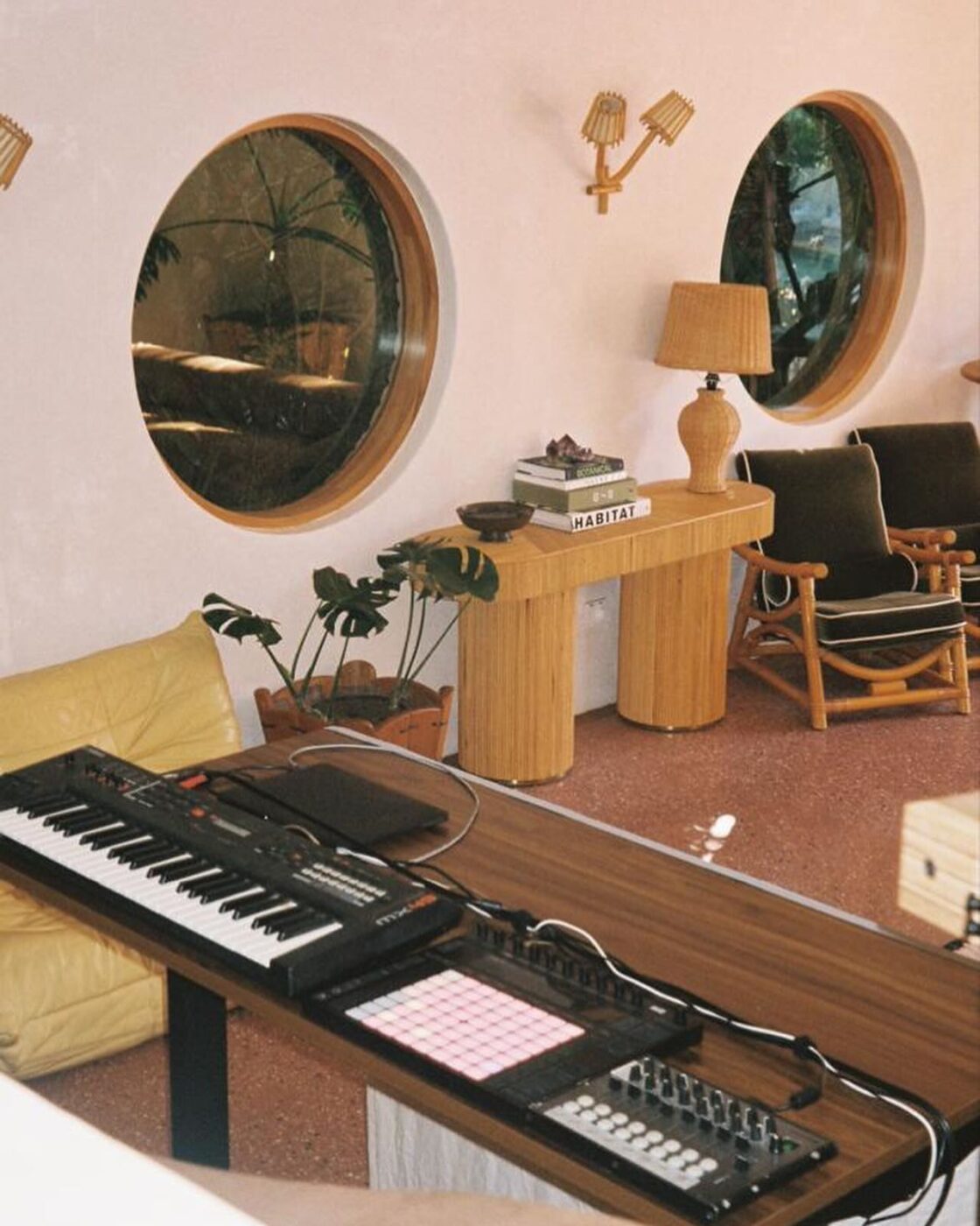 Retro-style room with music gear, terrazzo floor.
