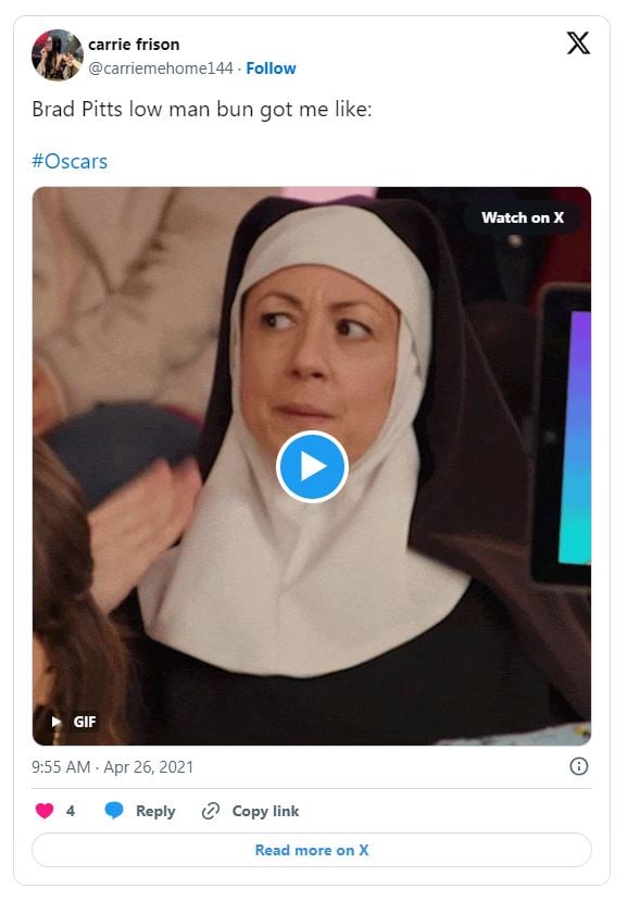 Nun's shocked face about Brad Pitt's bun.