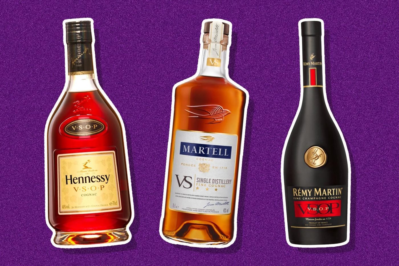 Hennessy, Martell, Rémy Martin cognacs on display.