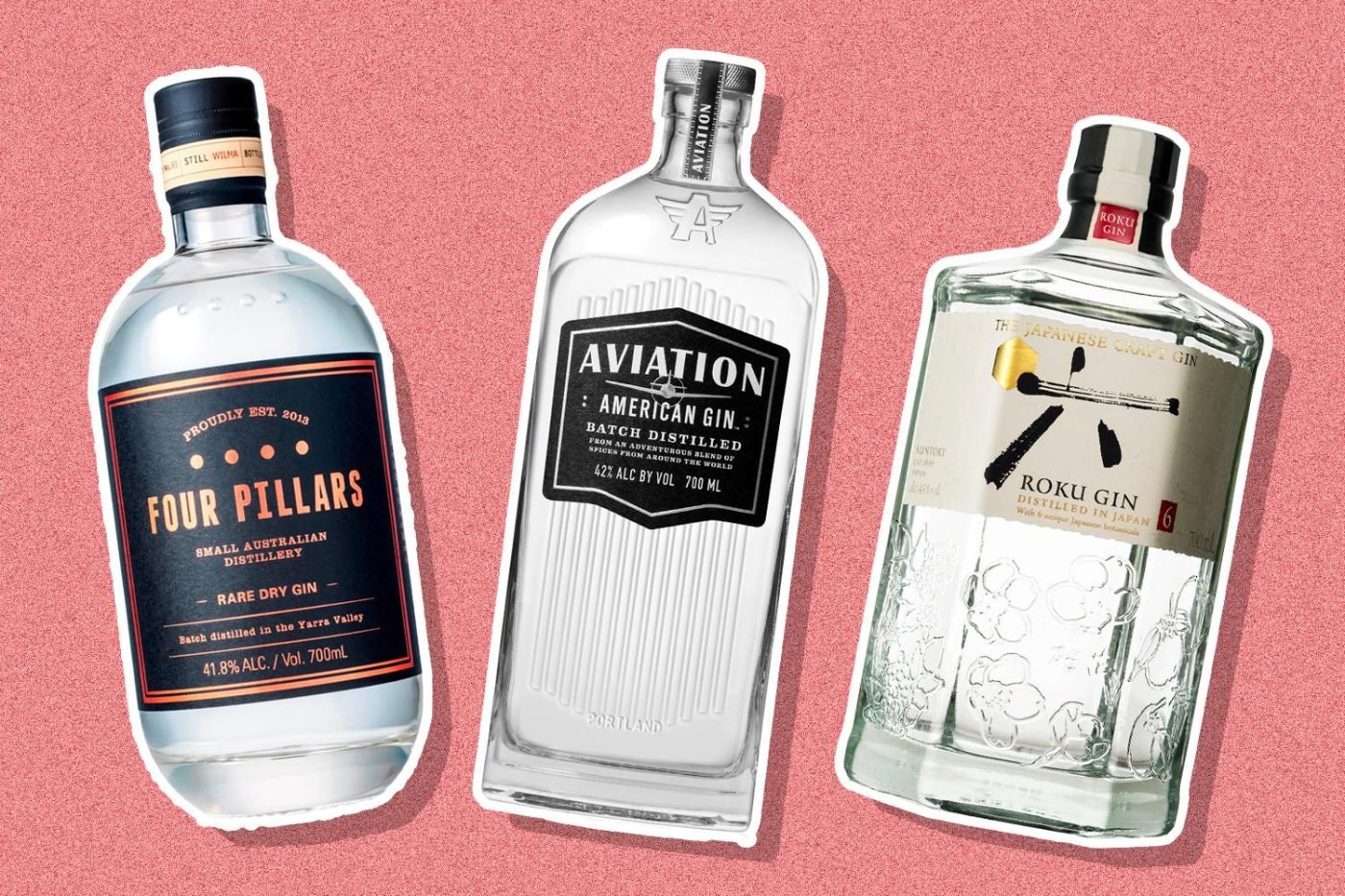 Three gin bottles: Four Pillars, Aviation, Roku.