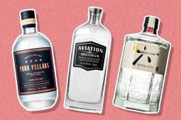 Three gin bottles: Four Pillars, Aviation, Roku.