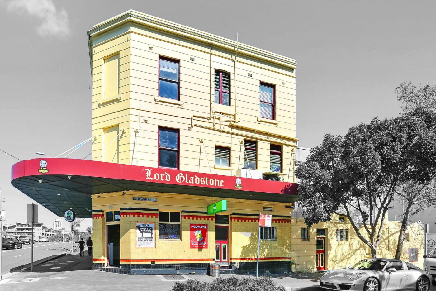 Lord Gladstone pub in vibrant yellow.