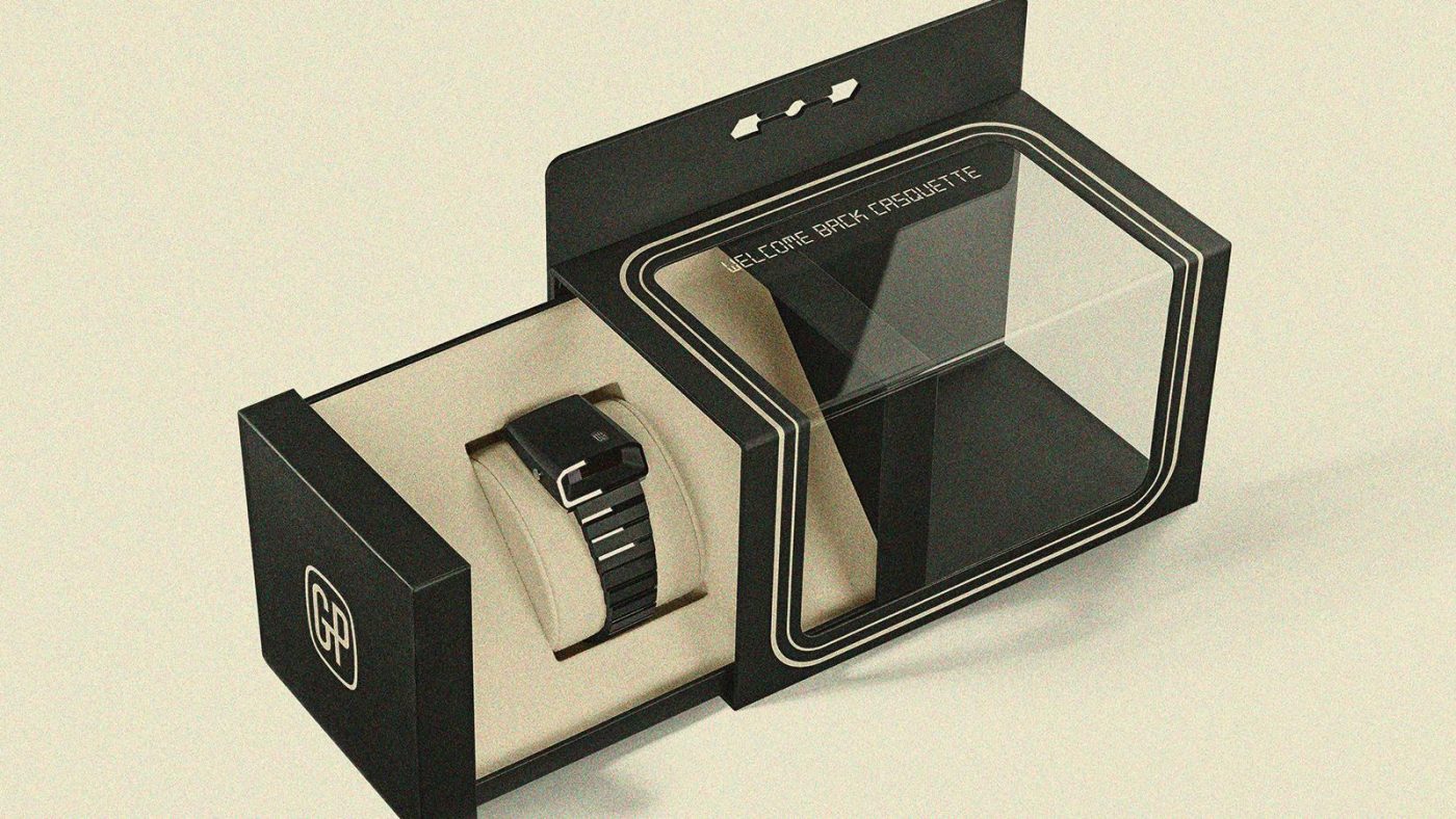 Girard-Perregaux Casquette-inspired smartwatch in display box.