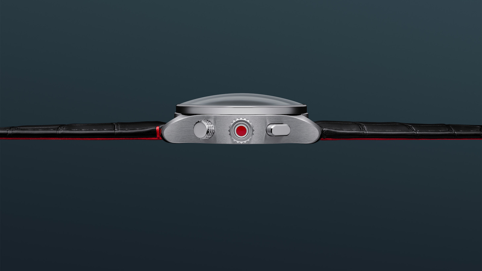 Leica-inspired wristwatch with leather strap detailing.