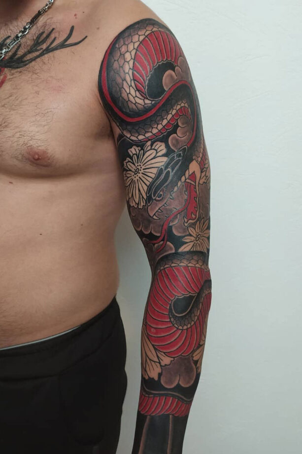 Tattoo uploaded by Jeppe Dahl Rørdam  A close up of a full sleeve snake Im  working on at the moment Big snakes is a favorite of mine Ill spend  hours to