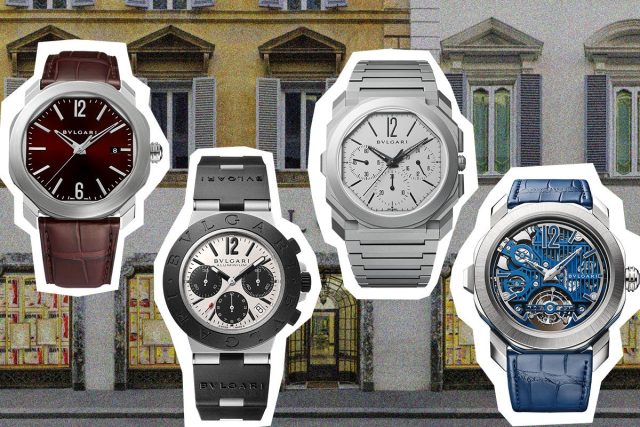 Bulgari watches displayed with bookstore backdrop.