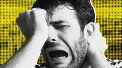 A monochrome image of a stressed person.