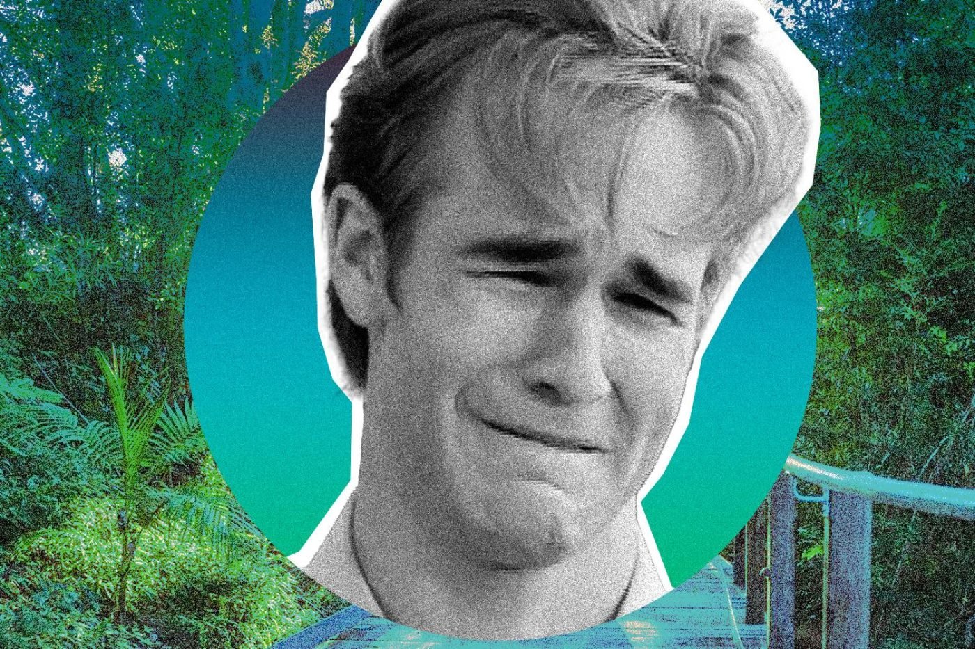 Crying person amidst Byron Bay's green forest.