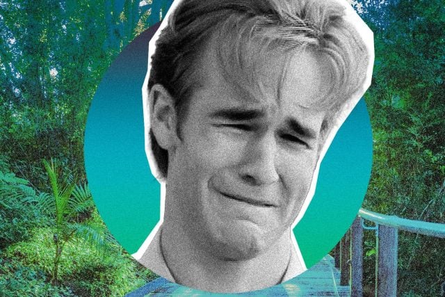 Crying person amidst Byron Bay's green forest.