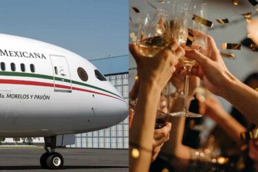 Mexicana airplane and celebratory toast with confetti.