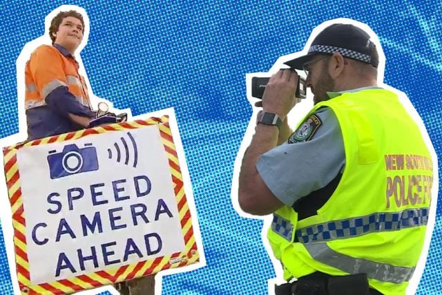 Worker and officer manage speed camera alert.