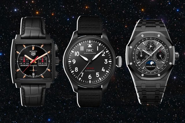 Three black watches displayed against starry backdrop.